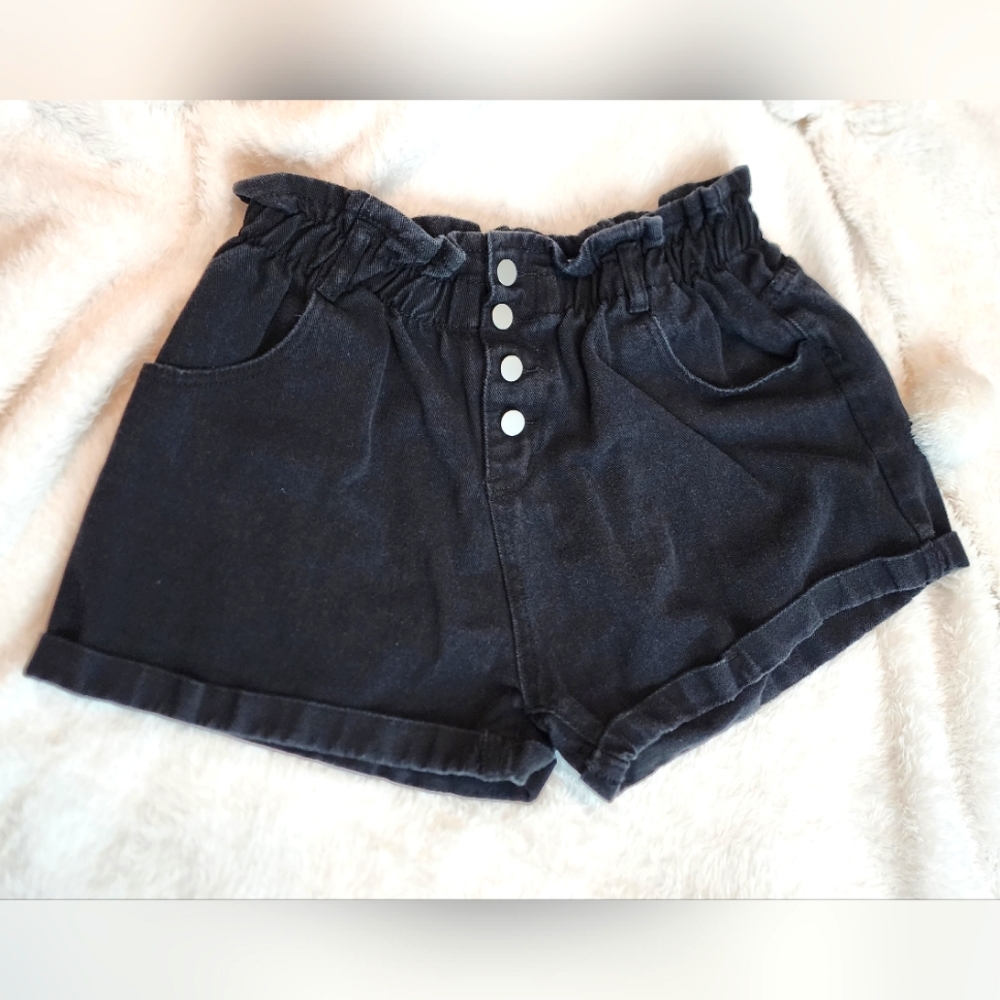 SHEIN Paperbag Waist Black Denim Shorts, Size L